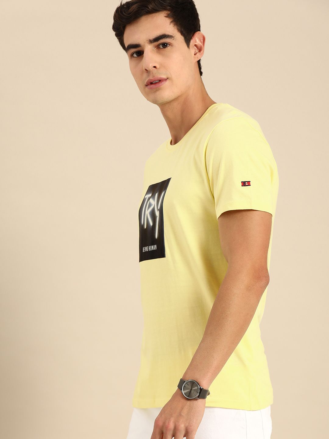 Being Human Clothing Men Yellow Brand Logo Printed Round Neck Pure Cotton T-shirt