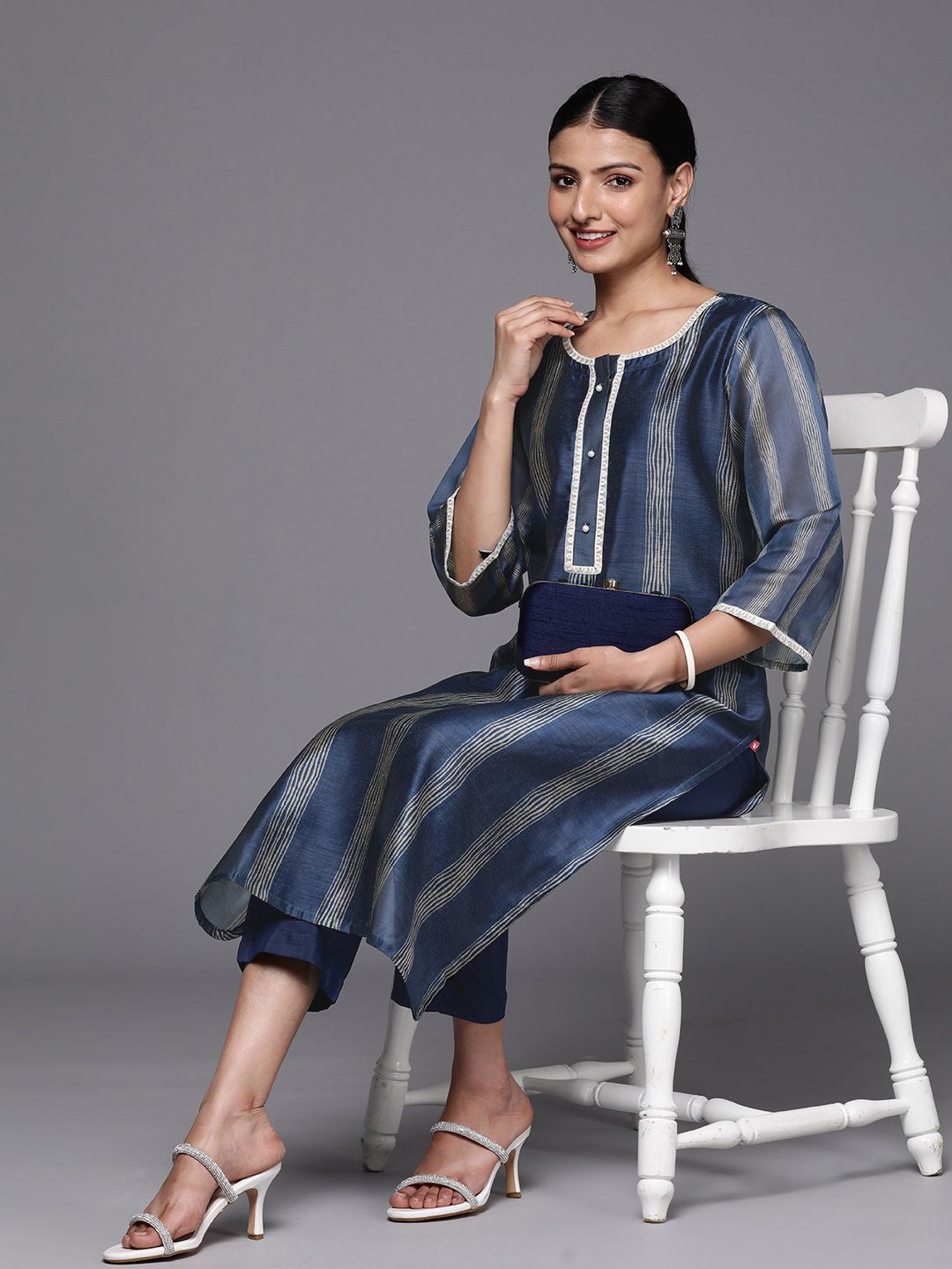 Varanga Women Navy Blue Printed Sequinned Chanderi Silk Kurta with Trousers