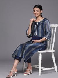 Varanga Women Navy Blue Printed Sequinned Chanderi Silk Kurta with Trousers