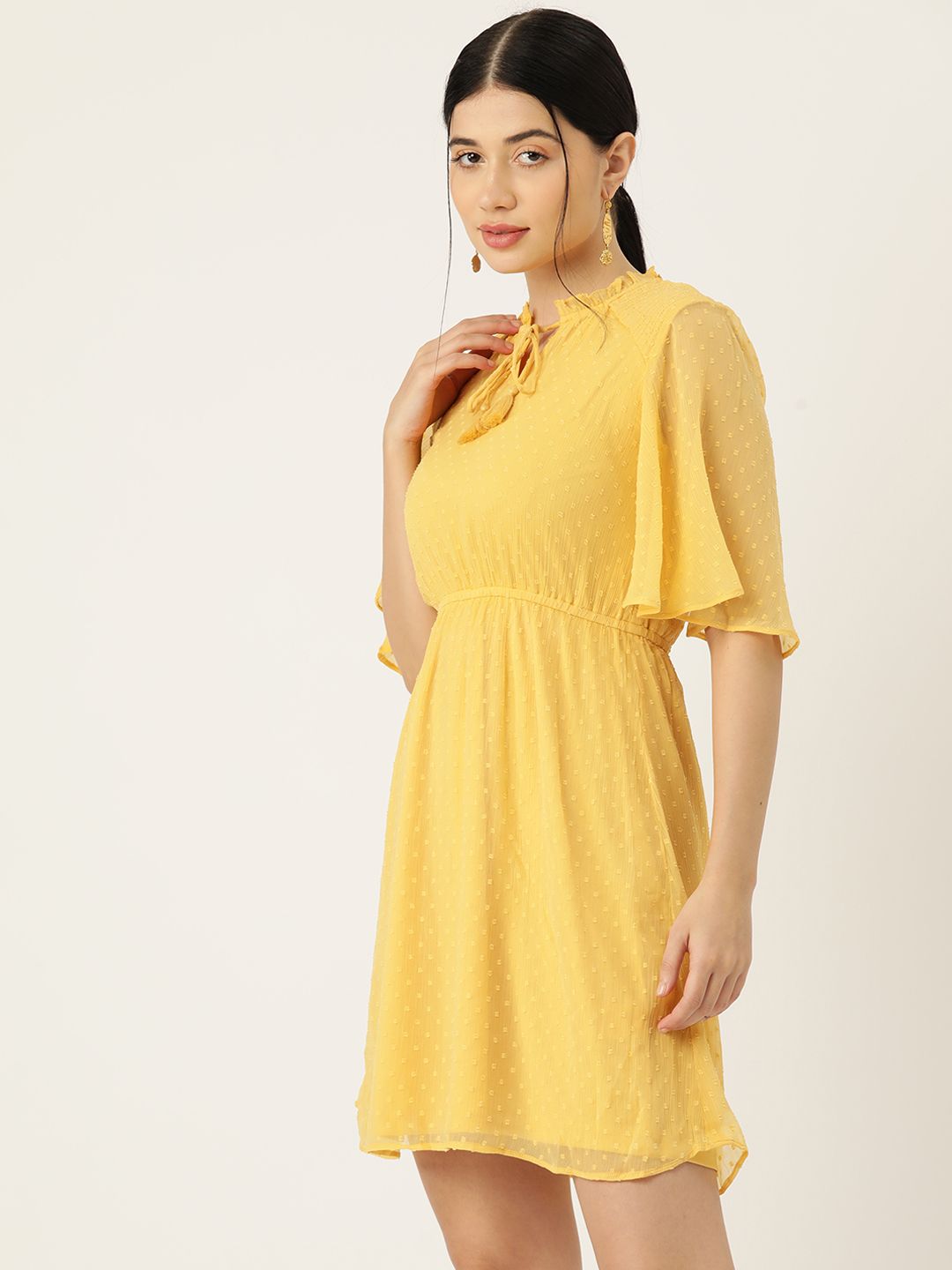 AND Yellow Self Design Tie-Up Neck Fit & Flare Dress