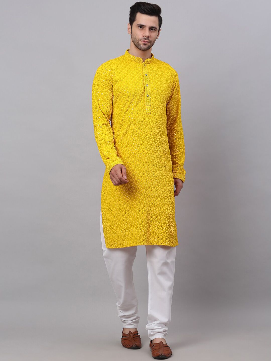 Jompers Men Floral Embroidered Sequinned Pure Cotton Kurta with Churidar