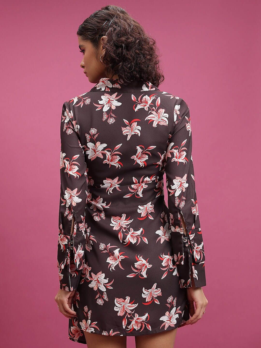 Tokyo Talkies Maroon Floral Printed Shirt Collar Tie-Ups Fit & Flare Dress
