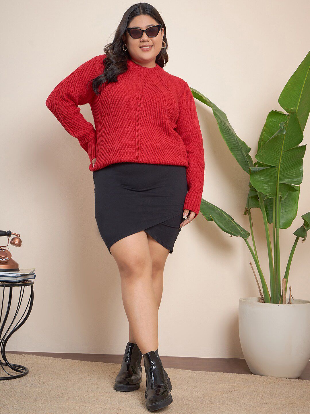 CURVY STREET Plus Size Geometric Self Design Pure Acrylic Pullover