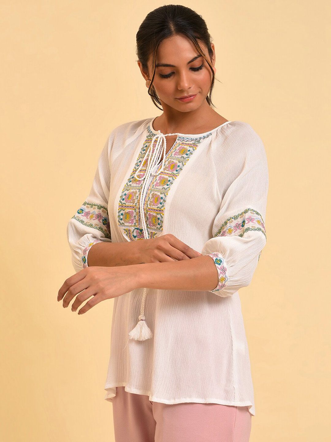W White Tie-Up Neck Embroidered Raglan Sleeve Top