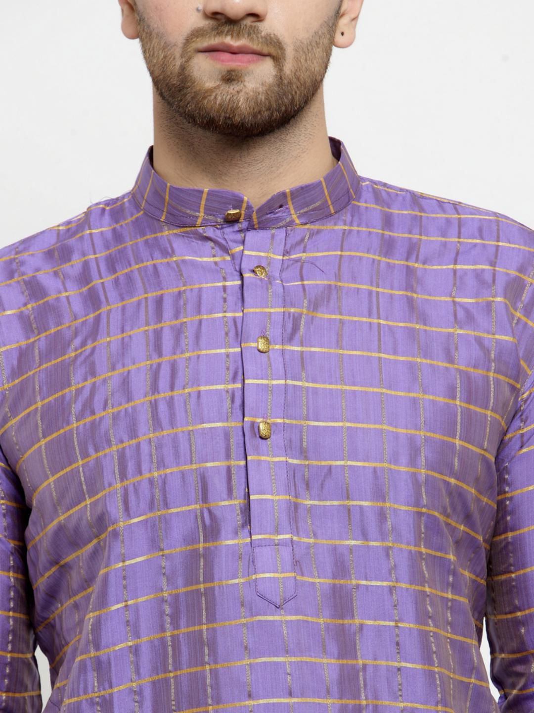 SOJANYA Men Purple & Gold-Toned Checked Straight Kurta