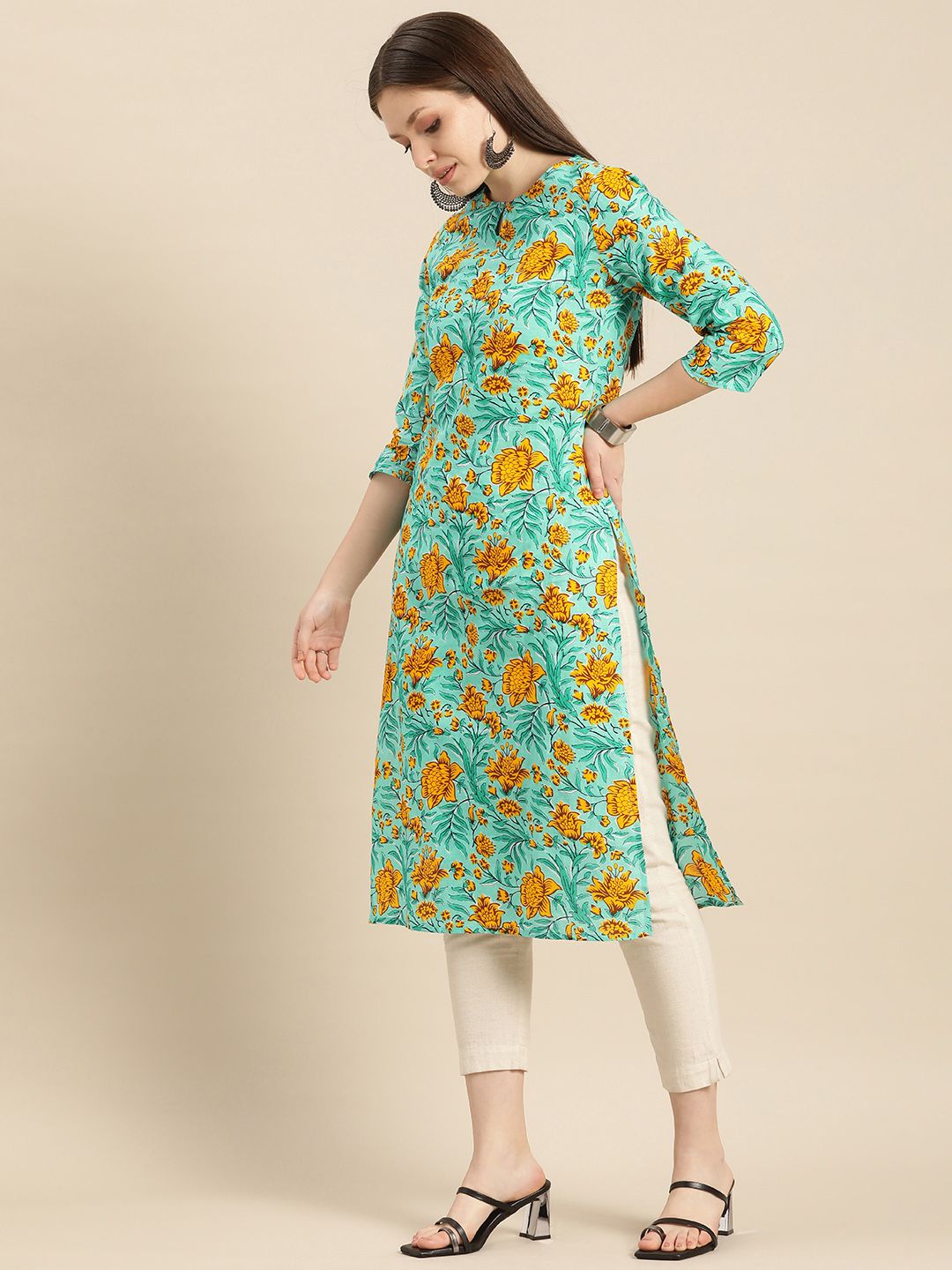Anouk Women Sea Green & Yellow Floral Printed Keyhole Neck Pure Cotton Kurta