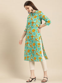 Anouk Women Sea Green & Yellow Floral Printed Keyhole Neck Pure Cotton Kurta