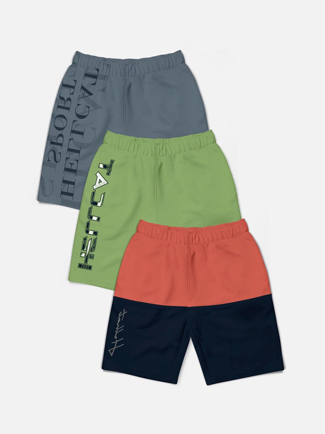 HELLCAT Boys Pack of 3 Mid-Rise Colourblocked Printed Cotton Shorts