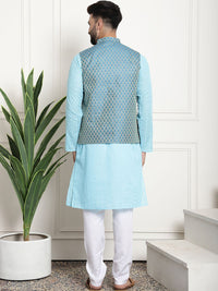 SOJANYA Men Blue Chikankari Pure Cotton Kurta with Churidar & Nehru Jacket