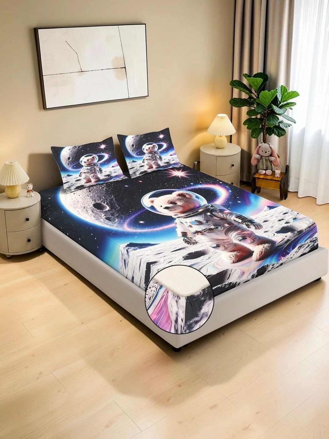 KLOTTHE Blue & Black Cartoon Characters 400 TC King Bedsheet with 2 Pillow Covers