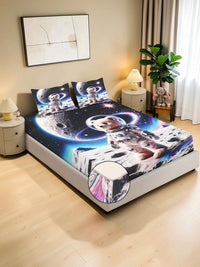 KLOTTHE Blue & Black Cartoon Characters 400 TC King Bedsheet with 2 Pillow Covers