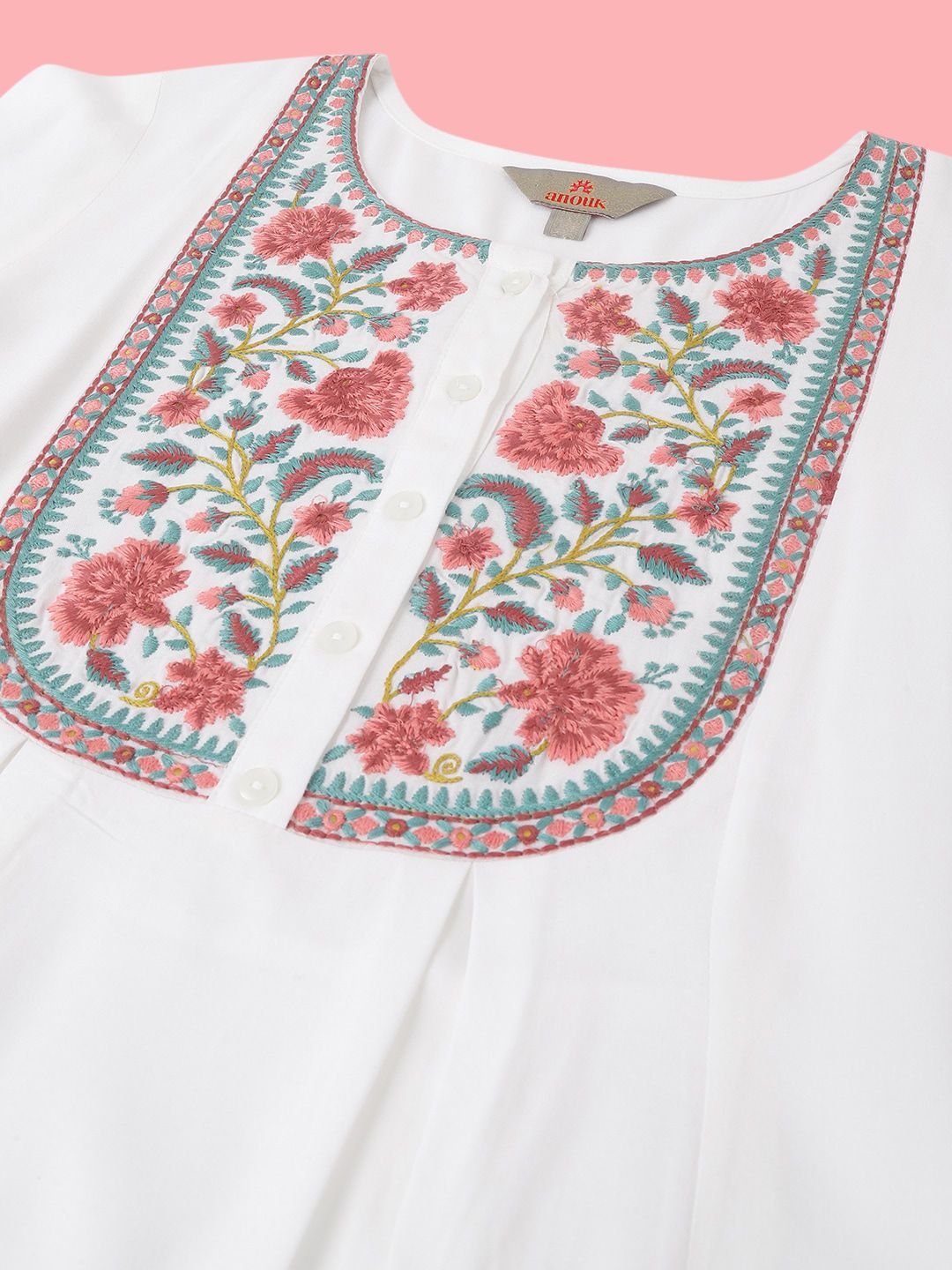 Anouk White Floral Embroidered Thread Work Liva Straight Short Kurti