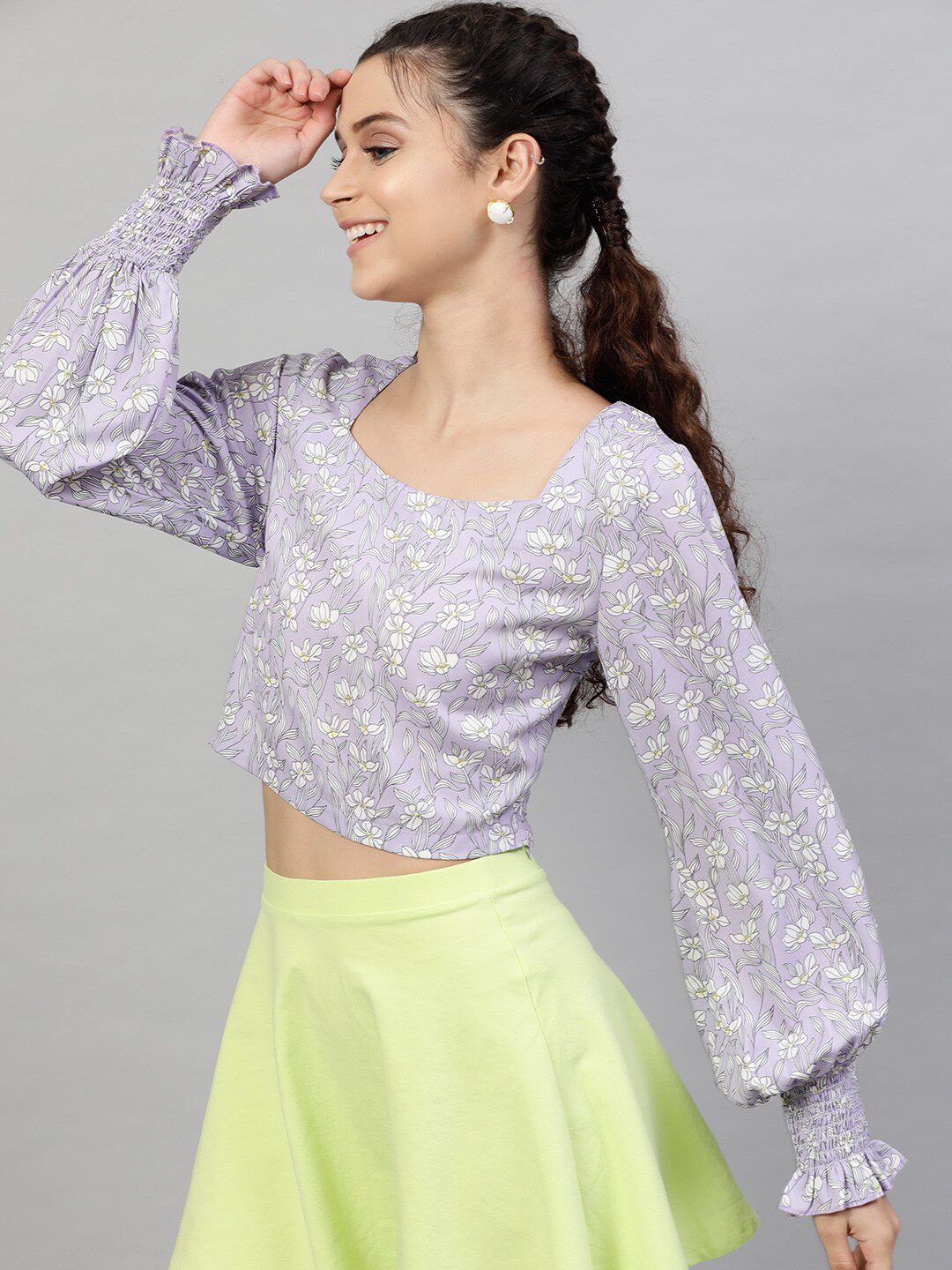 Street 9 Lavender & White Floral Printed Puff Sleeves Georgette Boxy Crop Top