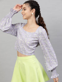 Street 9 Lavender & White Floral Printed Puff Sleeves Georgette Boxy Crop Top