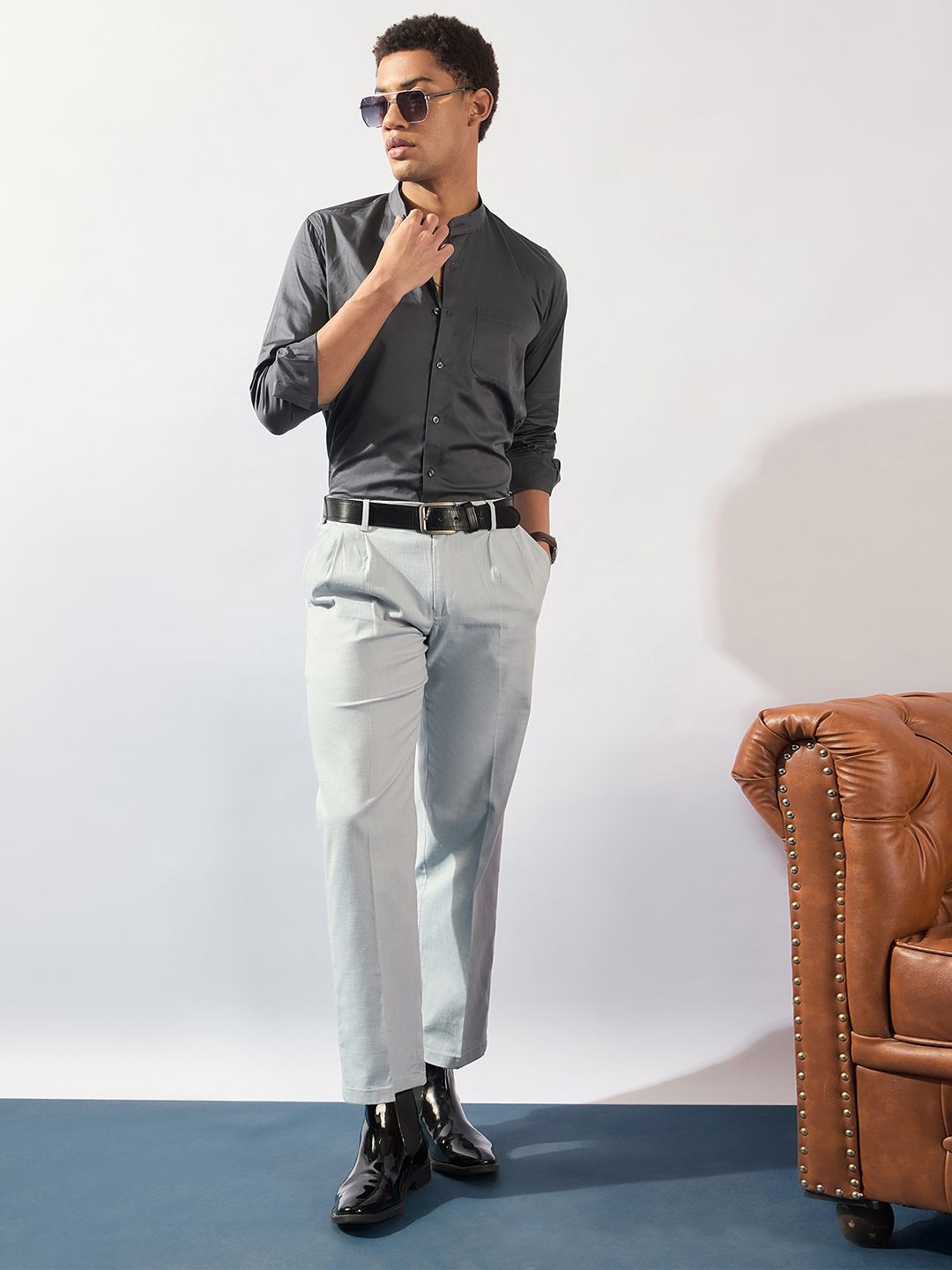 DENNISON Men Solid Mandarin Collar Smart Casual Shirt