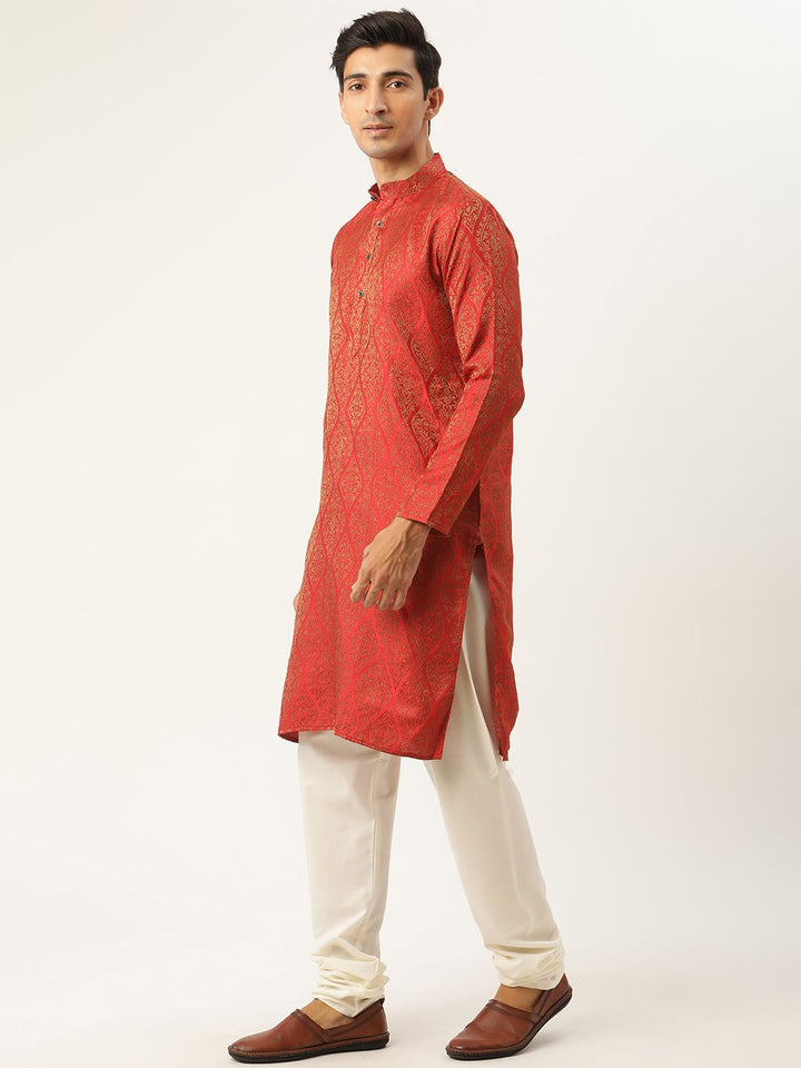 SOJANYA Men Red Ethnic Motifs Jacquard Silk Kurta with Churidar & Nehru Jacket