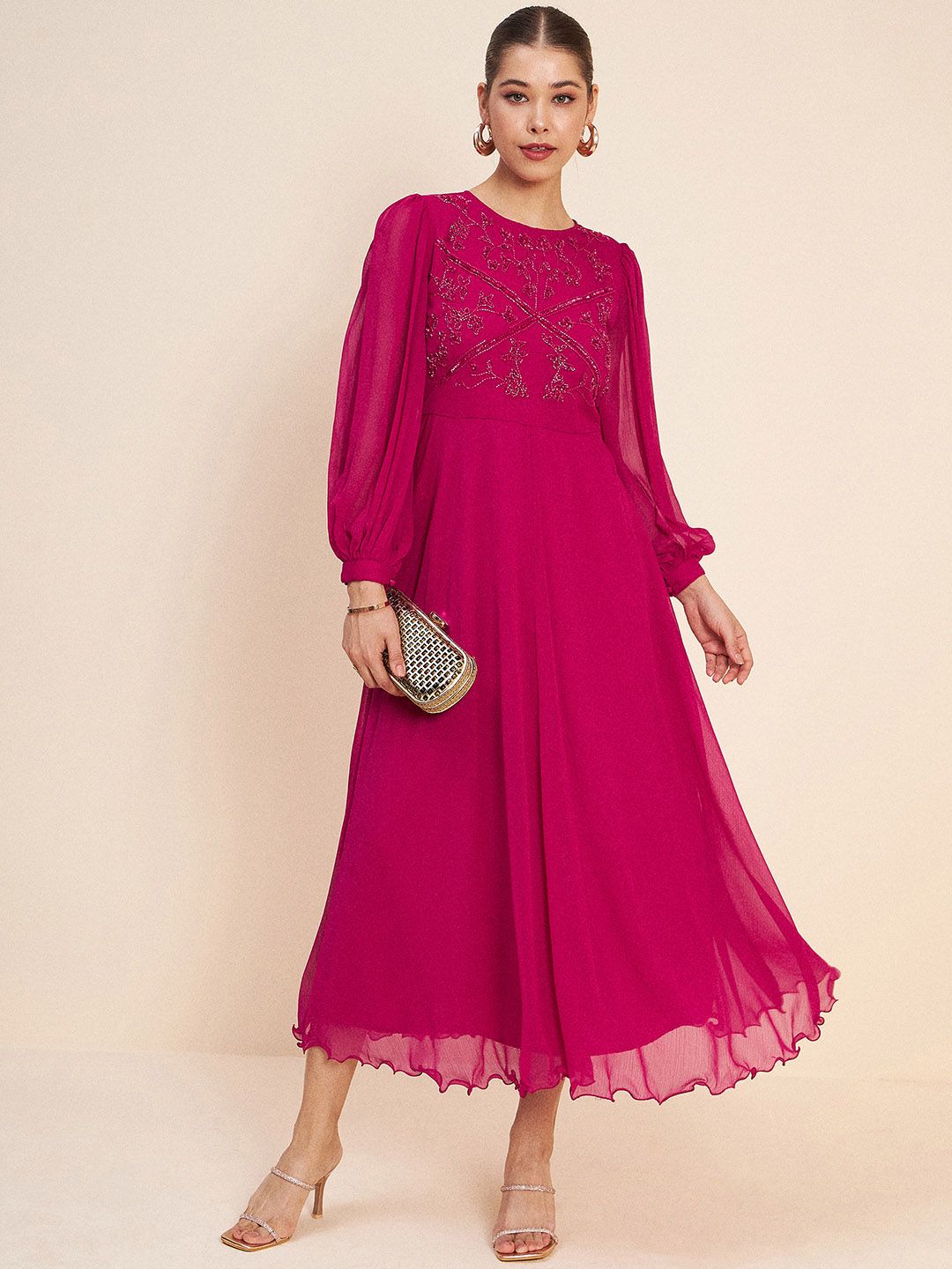 Antheaa Pink Puff Sleeve Embellished Detail Fit & Flare Dress