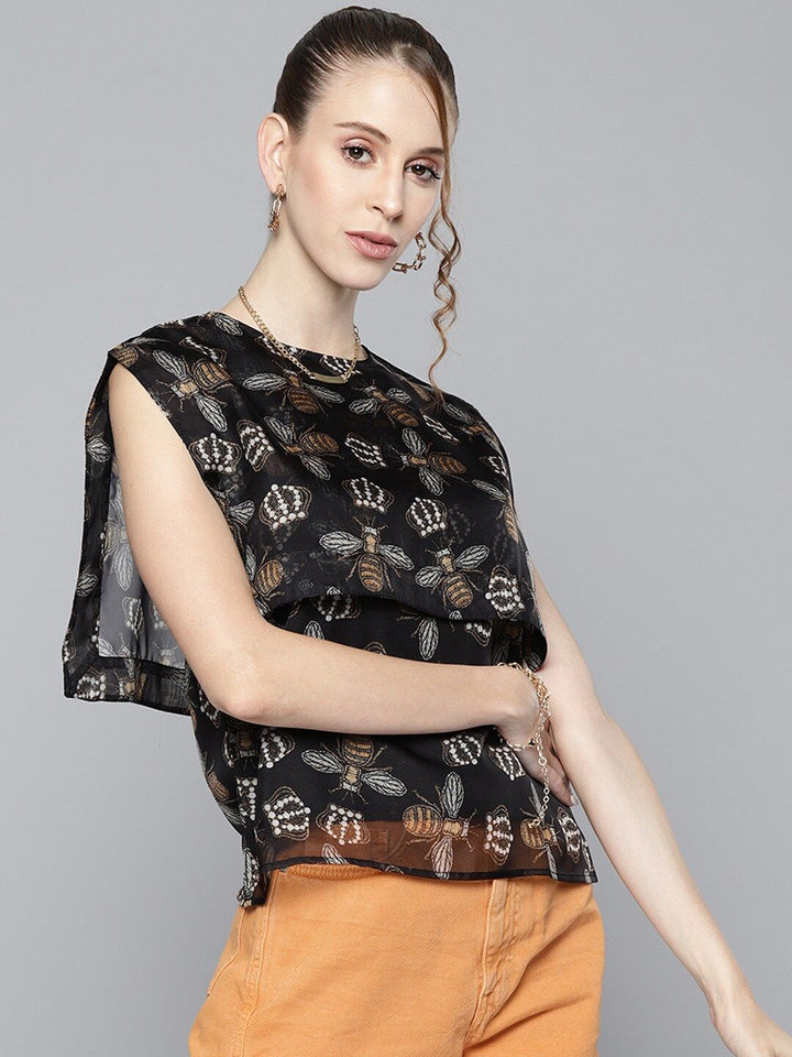 SASSAFRAS Black & White Beetle Print Layered Top