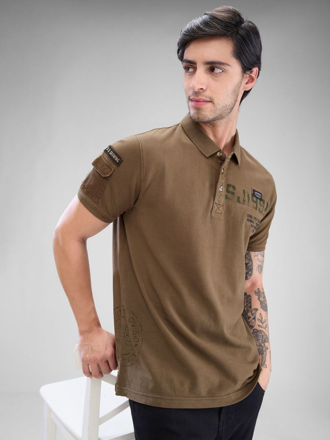 SPYKAR Men Graphic Printed Polo Collar Slim Fit Pure Cotton T-shirt