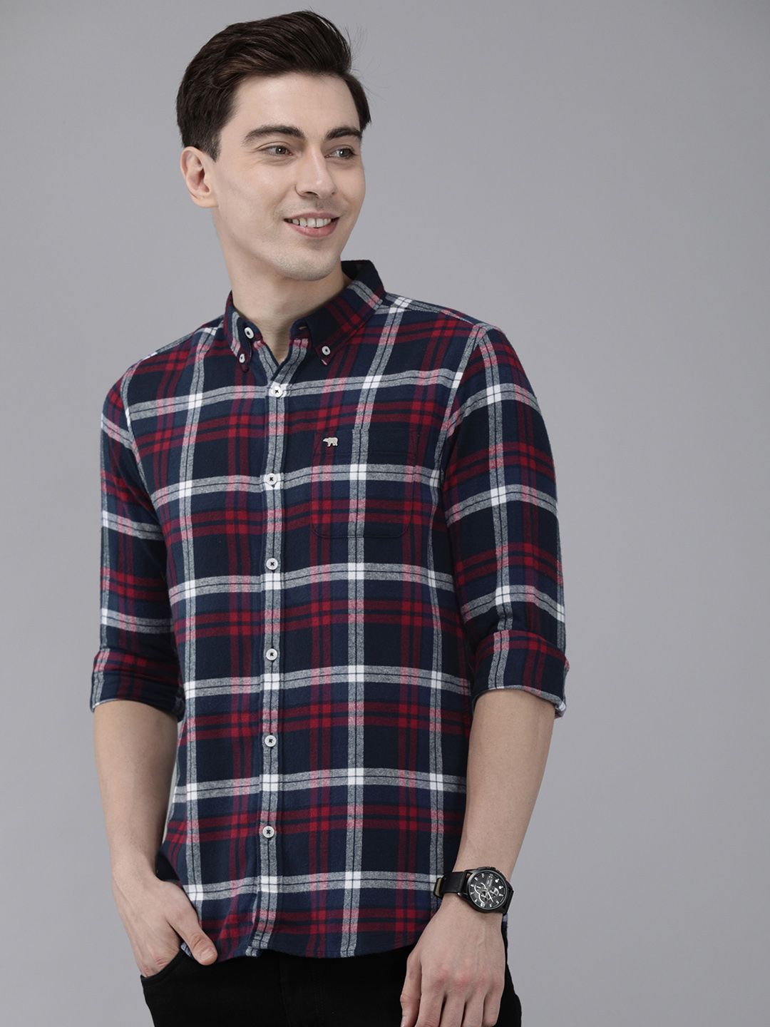 THE BEAR HOUSE Men Navy Blue Slim Fit Tartan Checked Flannel Pure Cotton Casual Shirt