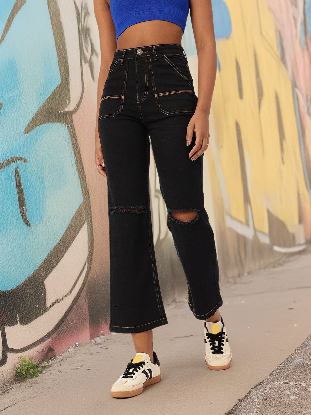 DressBerry Women Bold Grunge Slash Knee High Rise Cropped Jeans
