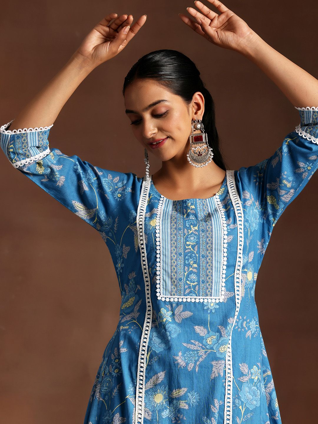 Libas Floral Printed Panelled Pure Cotton Kurta with Palazzos