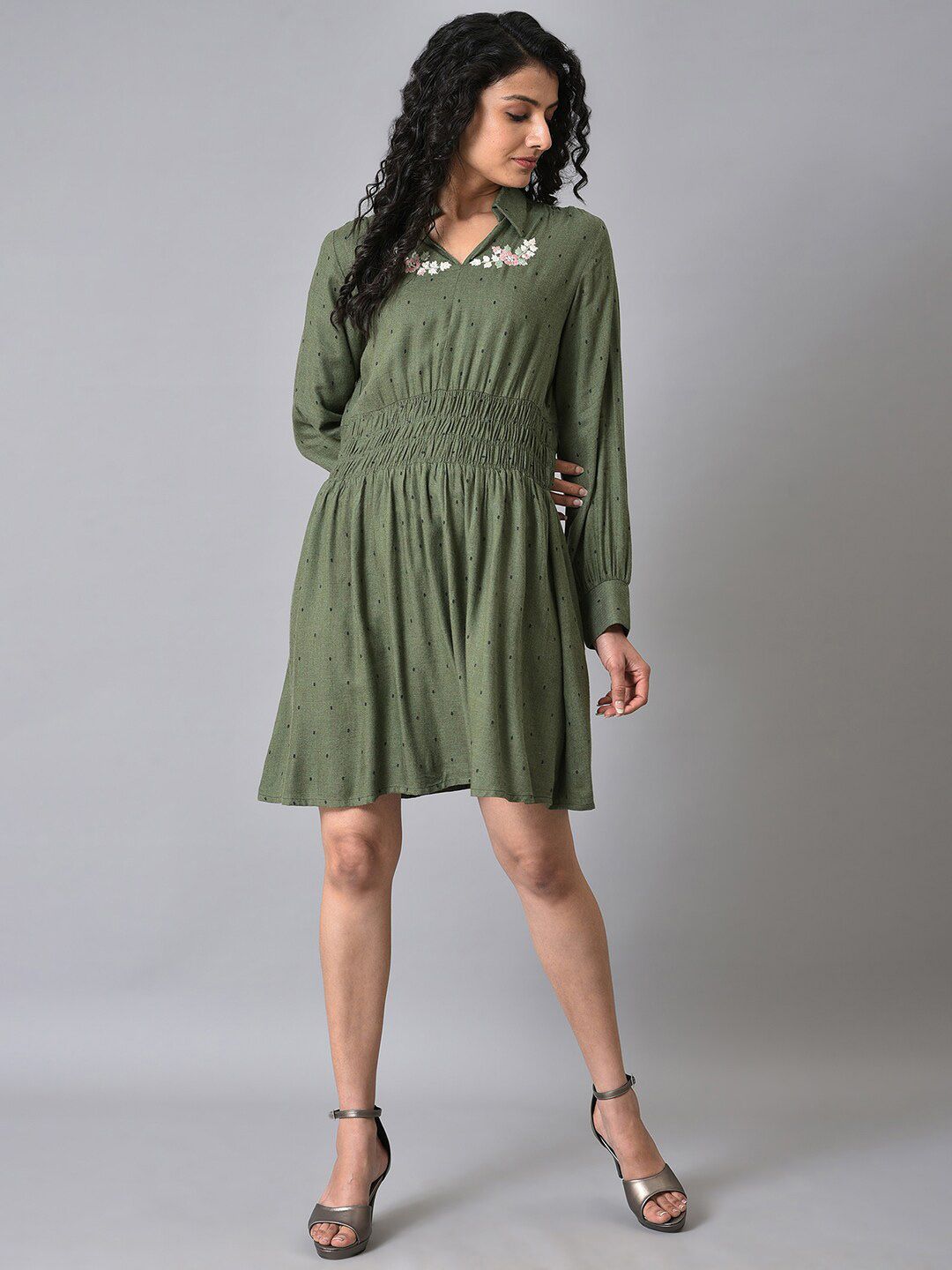 W Green Shirt Collar Polka Dots Printed Embroidered Fit And Flare Dress