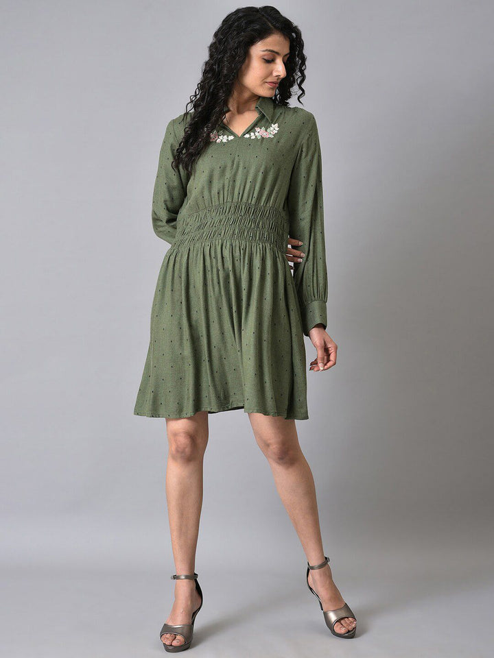 W Green Shirt Collar Polka Dots Printed Embroidered Fit And Flare Dress