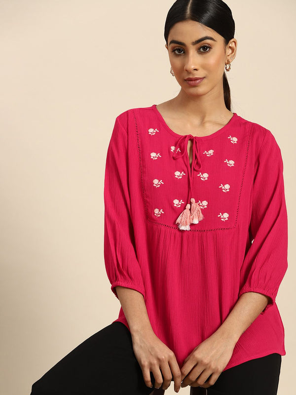 all about you Floral Embroidered Tie-Up Neck Top