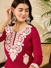 KALINI Floral Embroidered Round Neck Chikankari Straight Kurta
