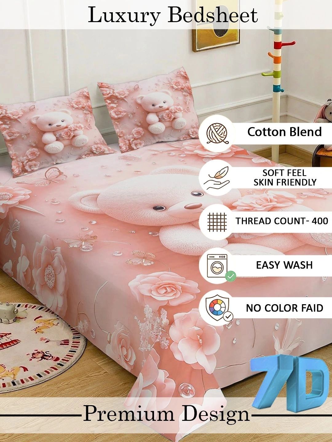 Myntra Elegant Homes Watak Kartun Merah Jambu 400 TC Cadar Katil King dengan 2 Sarung Bantal