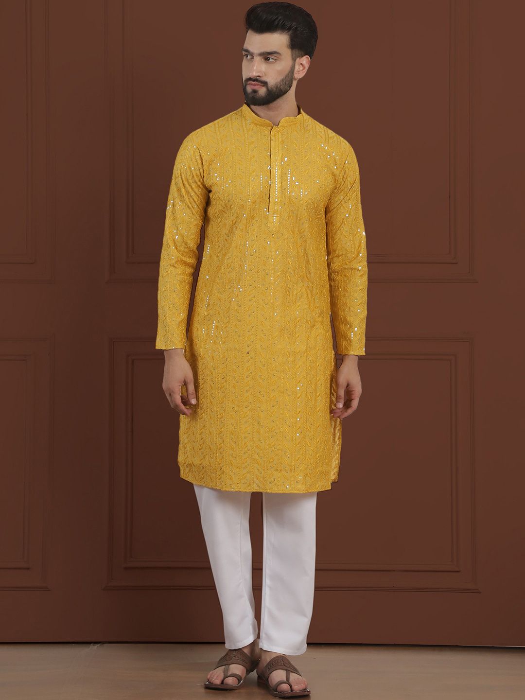 SOJANYA LUXE Motif Etnik Bersulam Kurta Lurus Kolar Mandarin Dengan Pijama