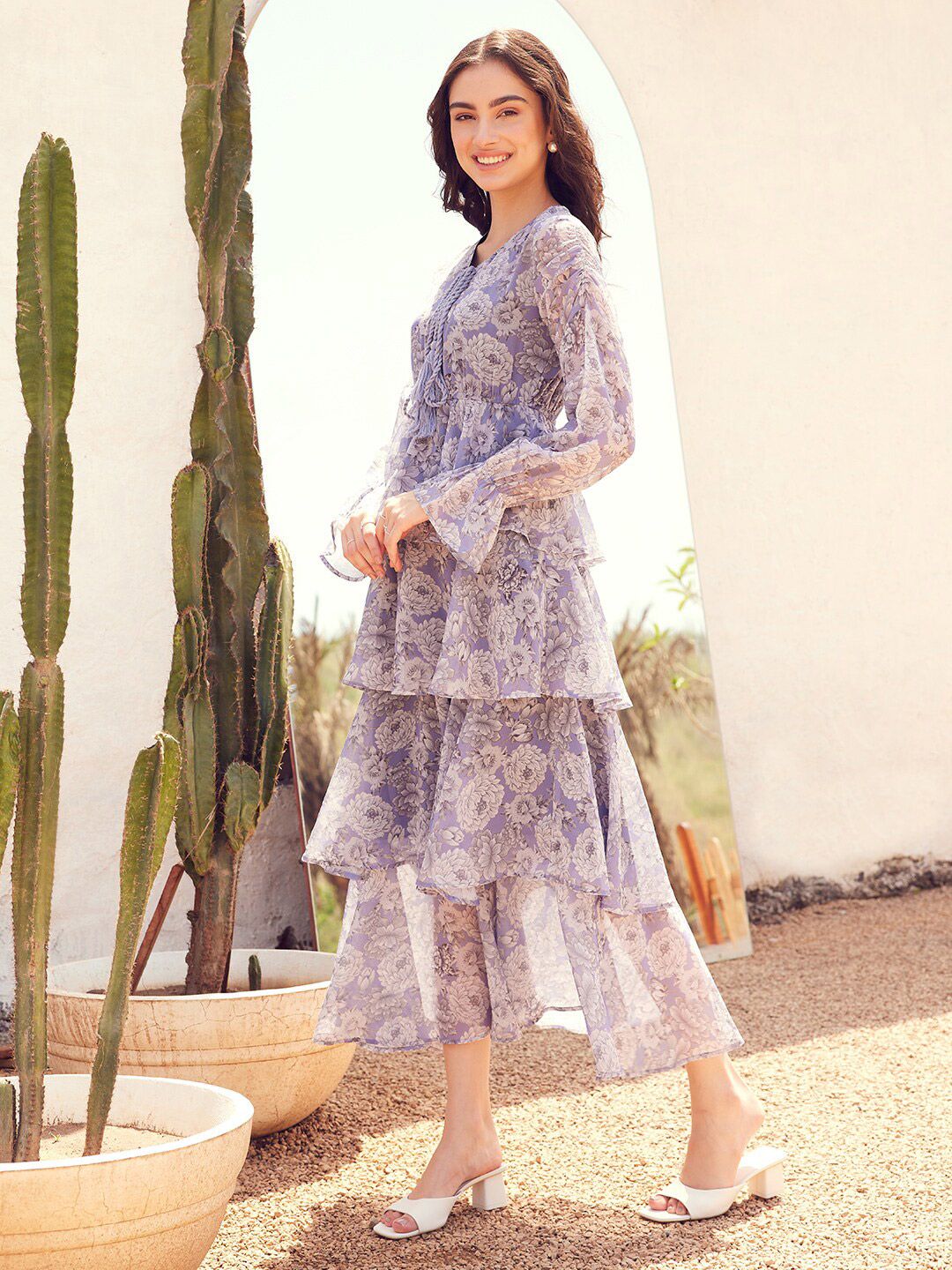 STREET 9 Floral Printed Puffed Sleeves Layered Georgette A-Line Maxi Dress