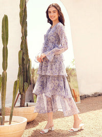 STREET 9 Floral Printed Puffed Sleeves Layered Georgette A-Line Maxi Dress
