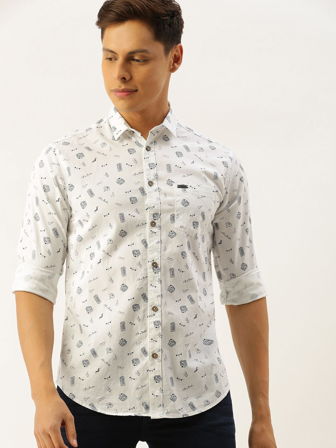 The Indian Garage Co Men White & Black Slim Fit Printed Casual Shirt