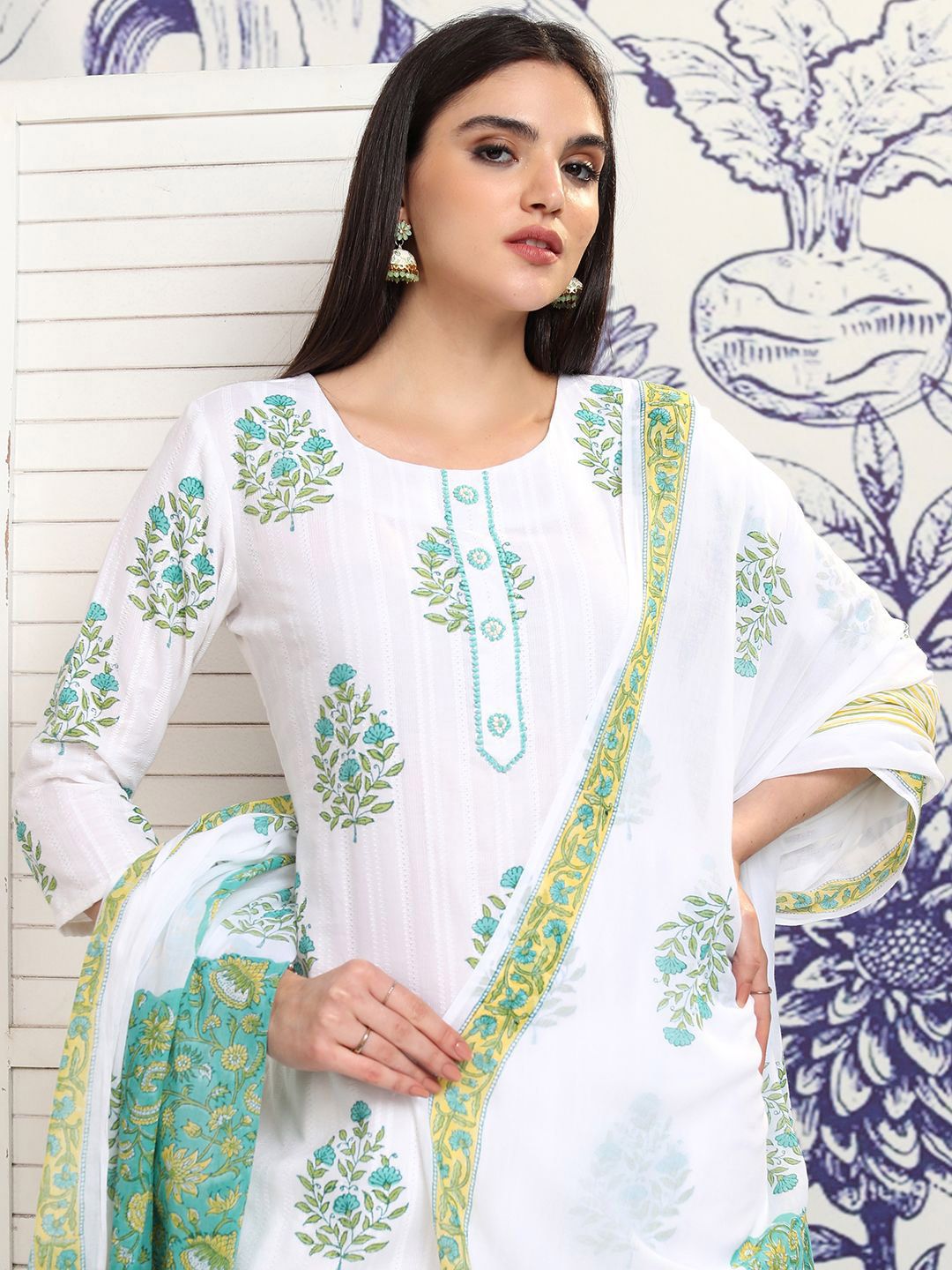 Vishudh White Floral Printed Pure Cotton Straight Kurta With Trousers & Dupatta