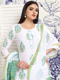 Vishudh White Floral Printed Pure Cotton Straight Kurta With Trousers & Dupatta