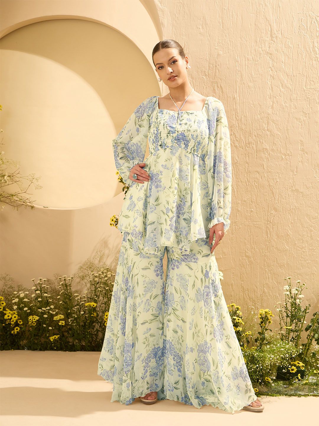 Antheaa Floral Printed Square Neck Tunic With Palazzos