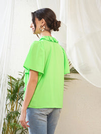 SASSAFRAS Green Keyhole Neck Flared Sleeve Ruffles Georgette Top