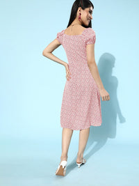 Berrylush Pink Ditsy Floral Print Tie-Up Neck A-Line Dress