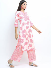 Vishudh Women Off White & Pink Ethnic Motifs Printed Kurta With Palazzos
