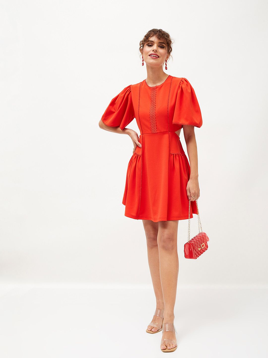 SASSAFRAS Flared Sleeves Lace Inserts And Cut Outs Detail Fit & Flare Dress