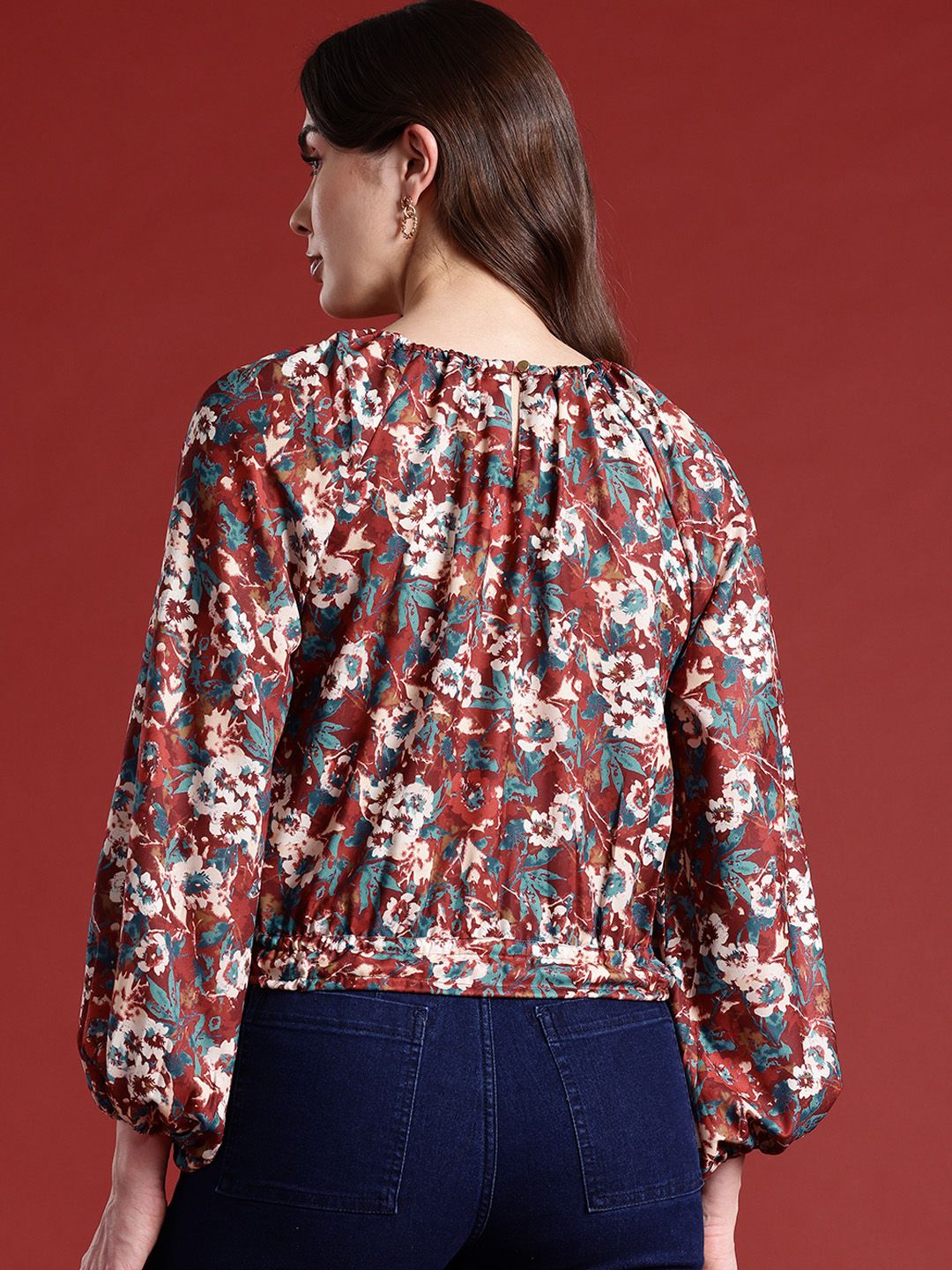 all about you Floral Print Cinched Waist Raglan Puffed Sleeves Top