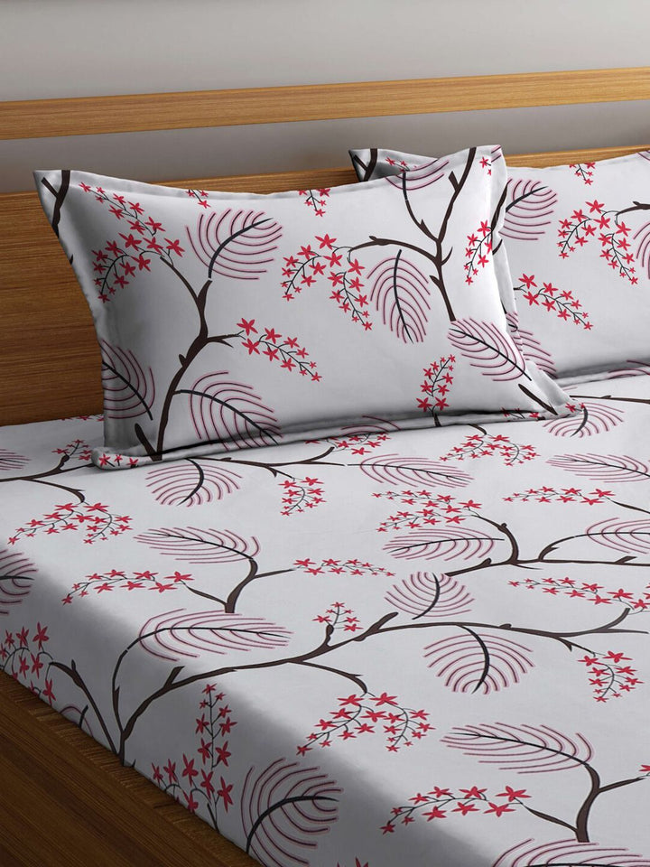 KLOTTHE White Floral Polycotton 300 TC Fitted King Fine Bedsheet dengan 2 Sarung Bantal-98 x 89 inci