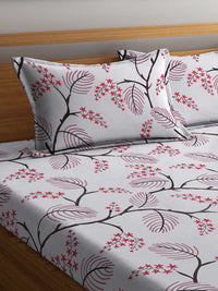 KLOTTHE White Floral Polycotton 300 TC Fitted King Fine Bedsheet dengan 2 Sarung Bantal-98 x 89 inci
