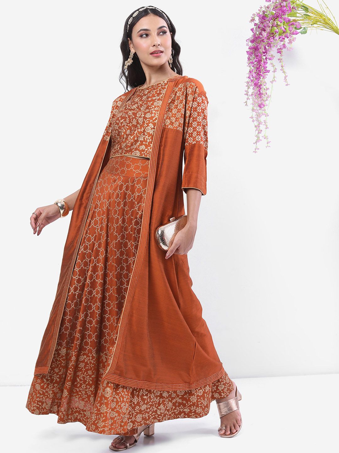 Vishudh Rust Ethnic Motifs Printed Ethnic Top with Skirt & Jacket
