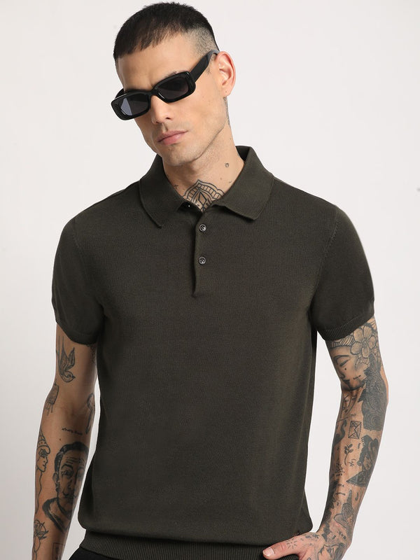 THE BEAR HOUSE Men Solid Regular Fit Cotton Polo Collar T-Shirt
