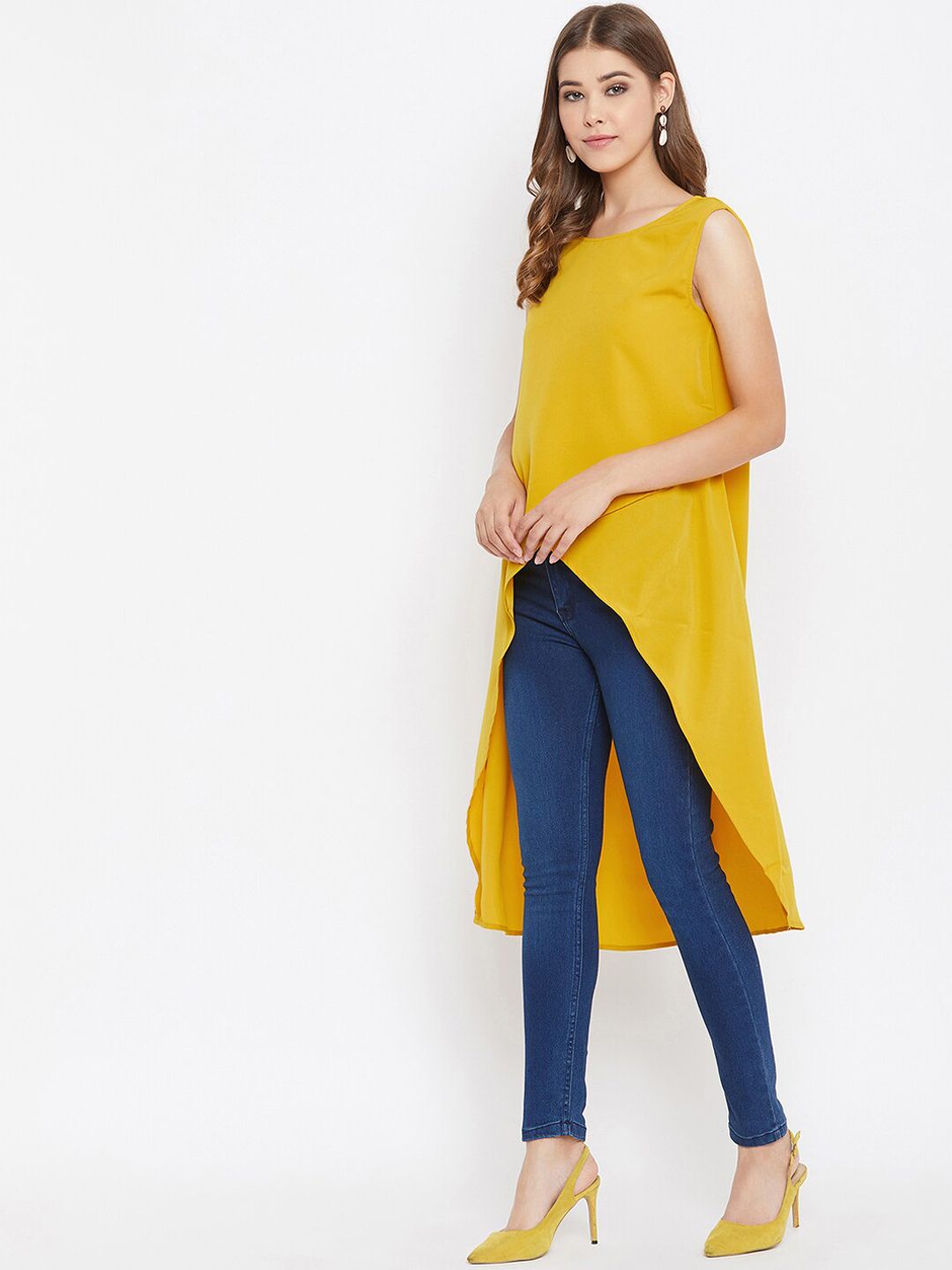 Berrylush Women Yellow Solid High-Low Top