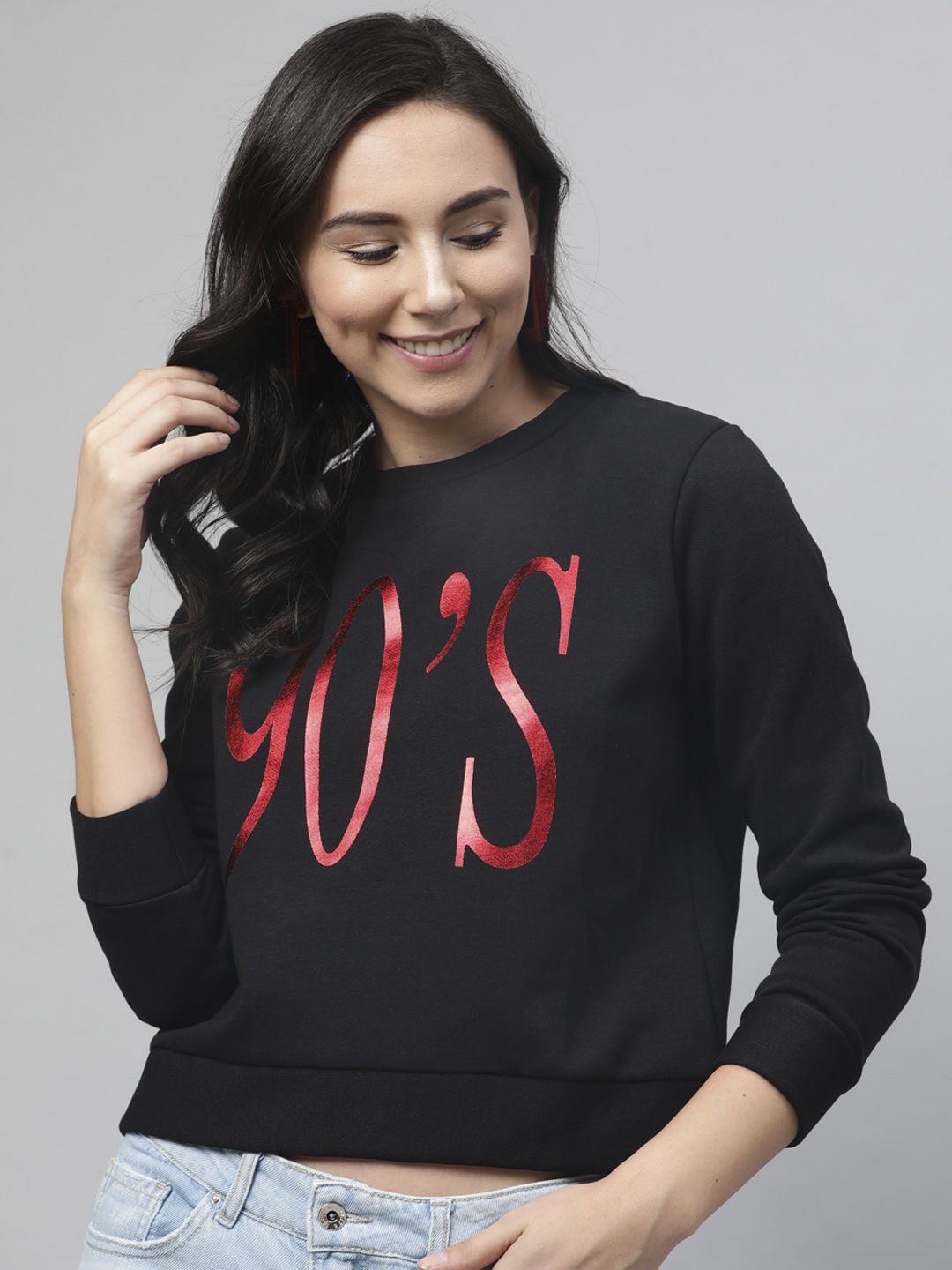 STREET 9 Women Black & Red Printed Pure Cotton Sweatshirt