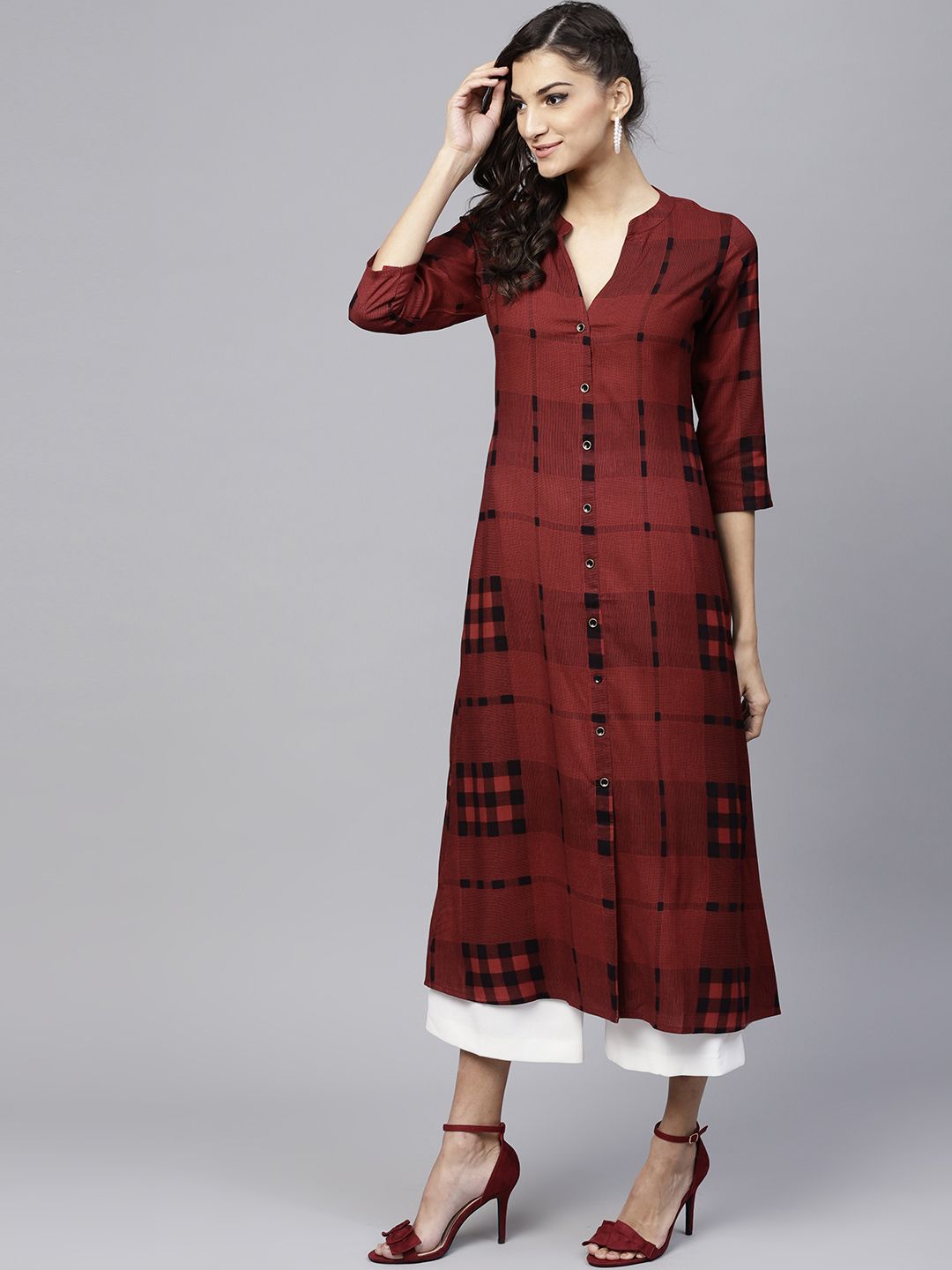 Gerua By Libas Women Maroon  Black Checked A-Line Kurta